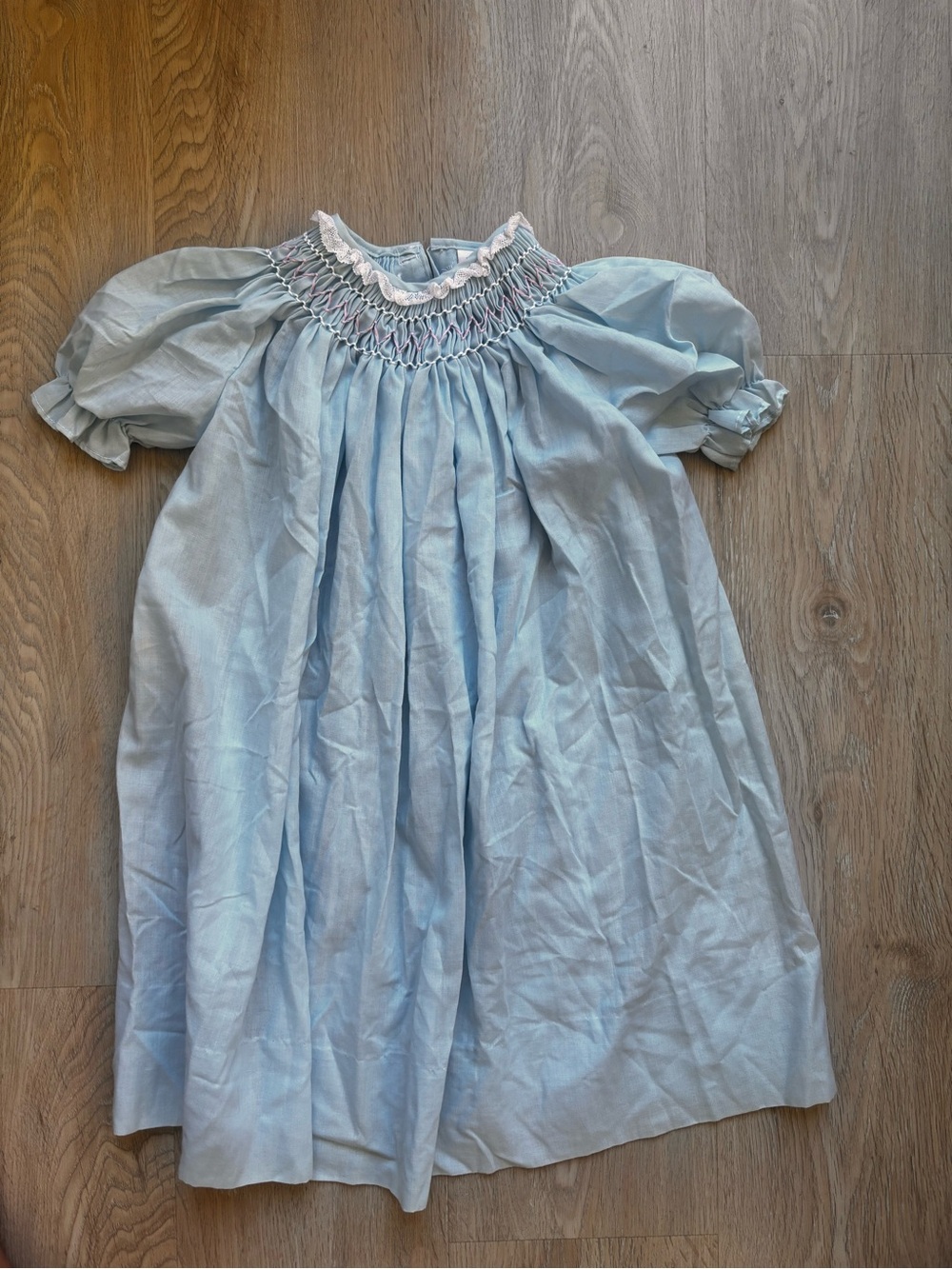 The Smockery Girls A-Line Dress Size 4T Blue White Lace Smocked Embroidered